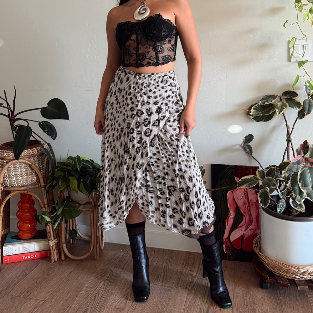 vintage silk skirt leopard print midi length